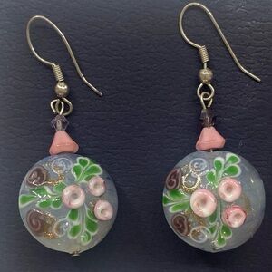 Handcrafted Floral Glass Drop Earrings - Pink and Green